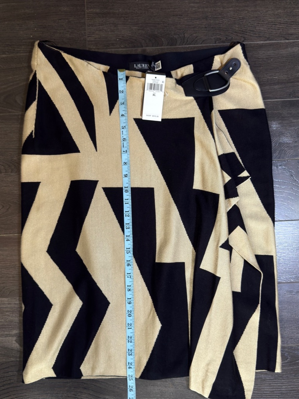 NEW Lauren Ralph Black & Beige Geometric Wrap-Style Midi Skirt